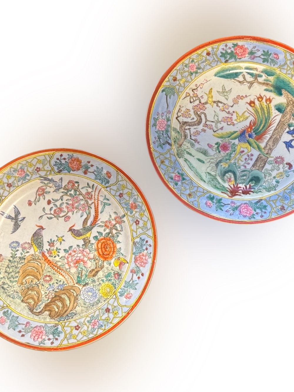 Vintage Nora Fenton Hand-Painted Floral and Bird Decorative Plate Set